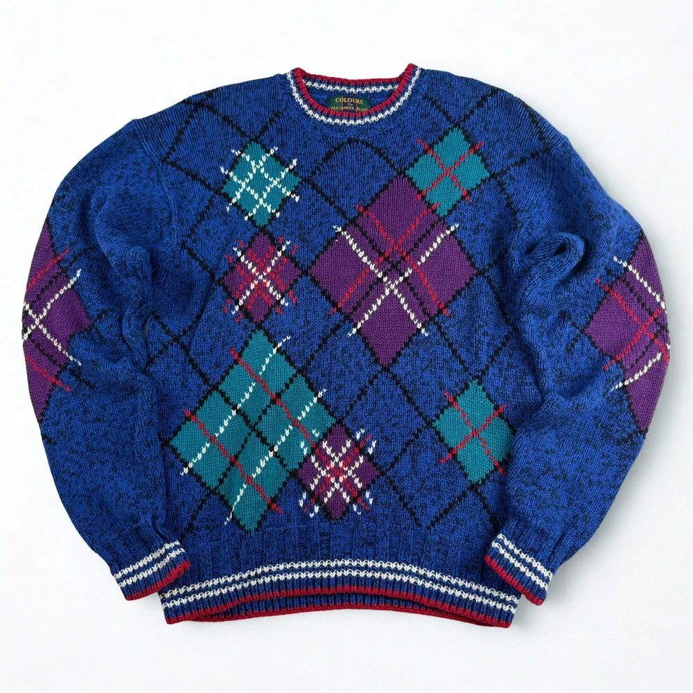 Vintage Colours by Alexander Julian Sweater Mens L Blue Argyle Linen Cotton